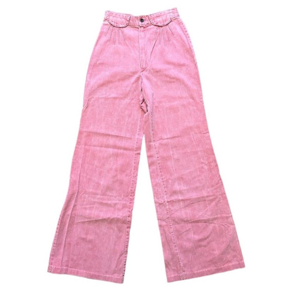 VTG 70s WHISTLE STOP Extra Wide Flare Leg Sunray Design Jeans in Red Pink  SZ 2